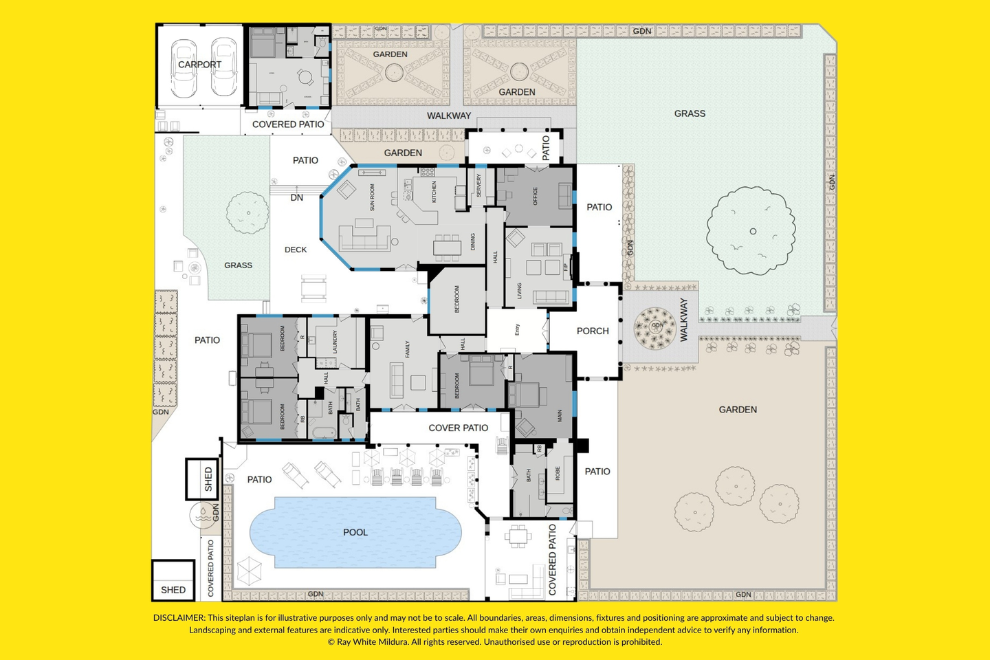 Villa Sol floor and site plan showing the house, bungalow, carport, gardens and pool